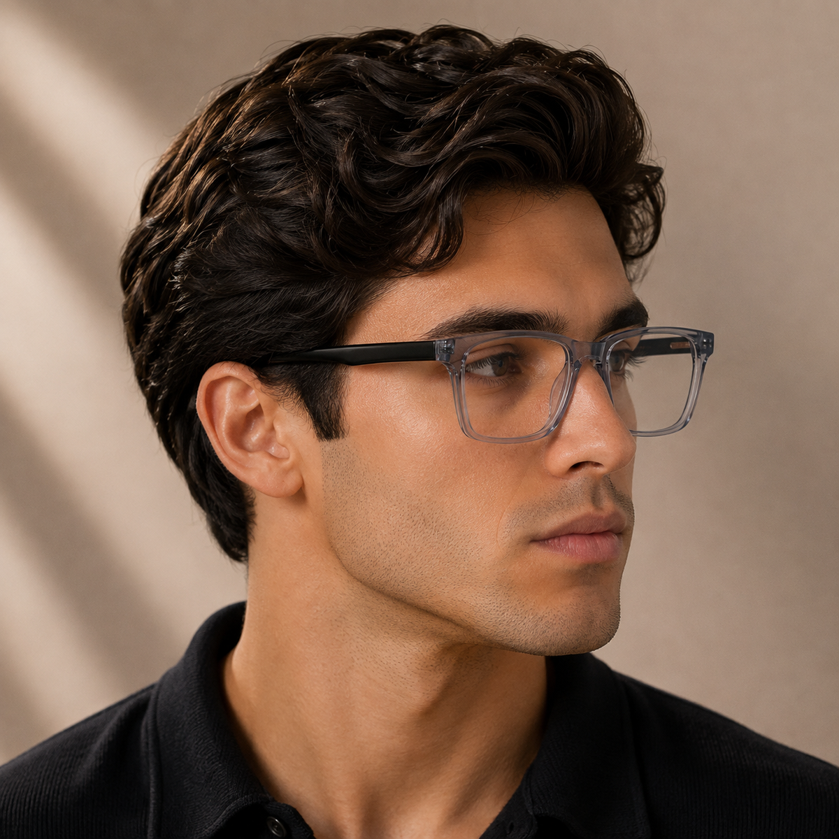 Grey Rectangular Acetate Frame, Black Temples
